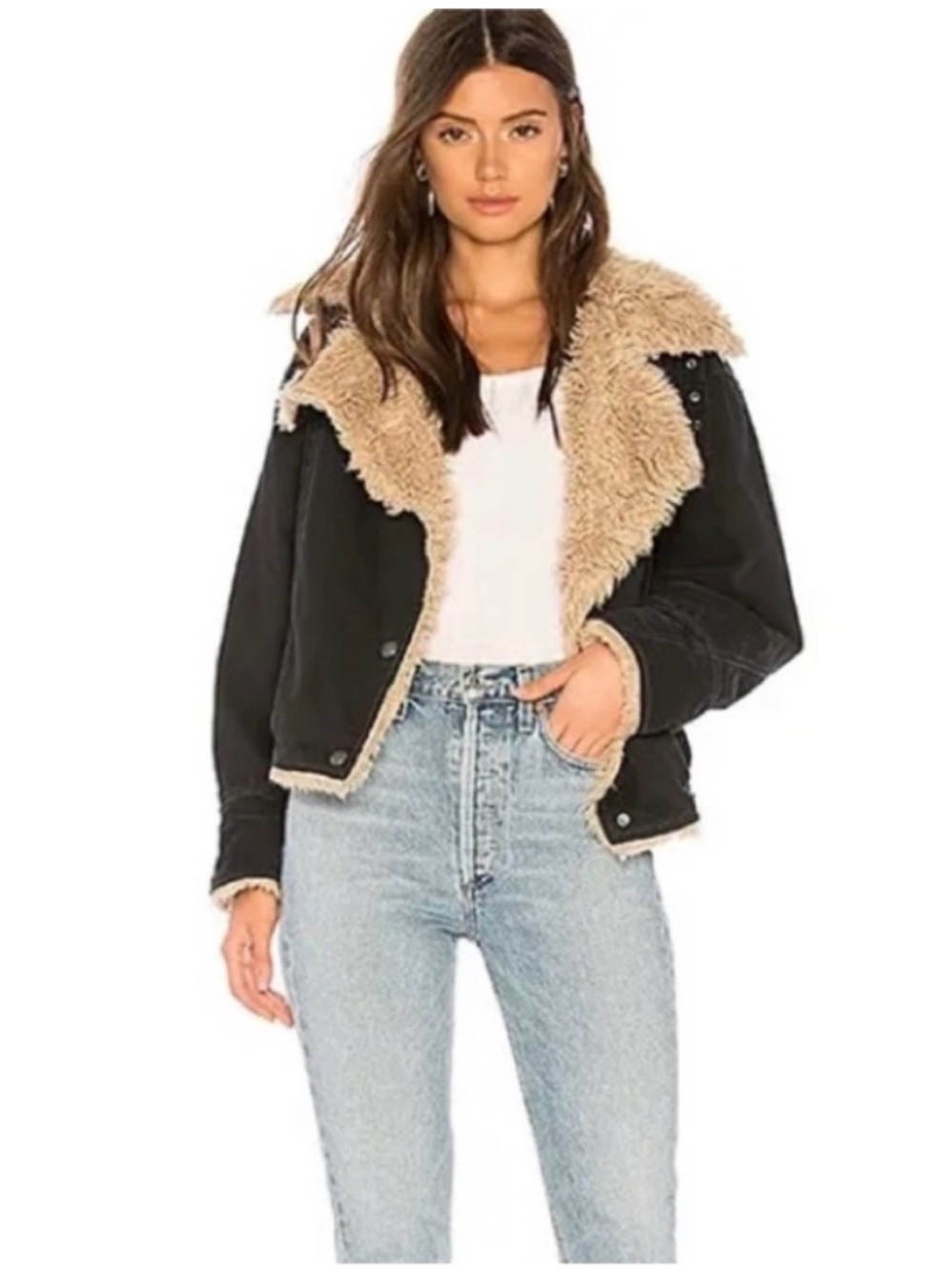 Free Peoplr Sherpa-Lined Black Jacket with Tan Trim - Women